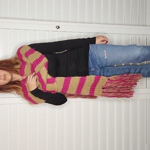 Michael Kors Stripe Fringe Knit Scarf Fushia Pink and Tan